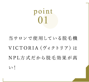 Point1 当サロンで使用している脱毛機VICTORIA(ヴィクトリア)はNPL方式だから脱毛効果が高い!