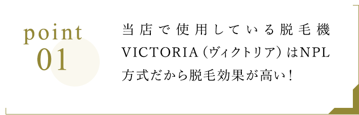 Point1 当サロンで使用している脱毛機VICTORIA(ヴィクトリア)はNPL方式だから脱毛効果が高い!
